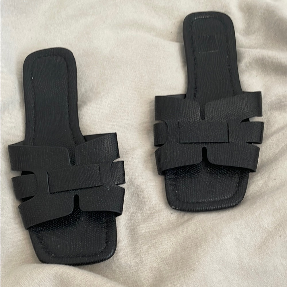 Black Leather Slide Sandals